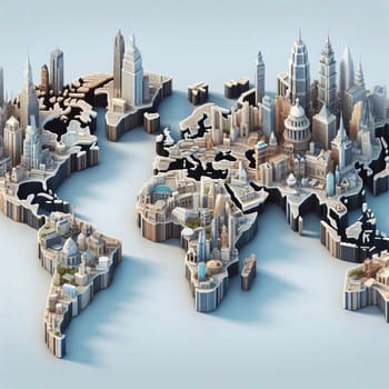 A 3D model of the world, constructed from buildings representing major cities. A high-quality AI-generated photo.