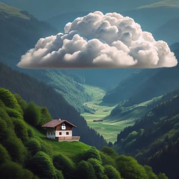 A small house on a hillside with a large cloud containing a padlock icon above it, symbolizing cloud security. A high-quality AI-generated photo.