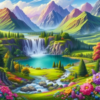 An illustration of a lush green valley with a waterfall and colorful flowers, surrounded by mountains. A high-quality AI-generated photo.