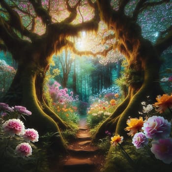 A magical forest path leading through a lush garden with vibrant flowers. A high-quality AI-generated photo.