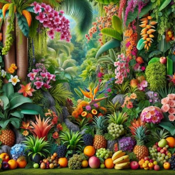 A lush tropical scene overflowing with vibrant flowers and fruits. A high-quality AI-generated photo.
