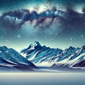 A dramatic mountain range under a starry night sky. A high-quality AI-generated photo.