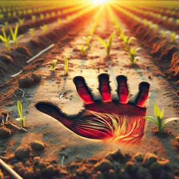 A handprint imprinted in the soil of a field with young plants. A high-quality AI-generated photo.