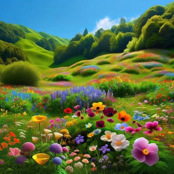 A vibrant field of wildflowers on a hillside under a bright blue sky. A high-quality AI-generated photo.