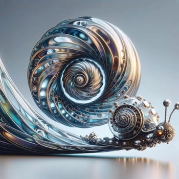 A metallic, mechanical snail with a clockwork shell. A high-quality AI-generated photo.