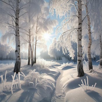 A snowy path through a birch forest on a sunny winter day. A high-quality AI-generated photo.