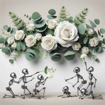 Robots arranging white roses and eucalyptus leaves. A high-quality AI-generated photo.