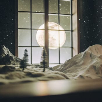 A miniature winter scene viewed through a window at night, with a full moon visible. A high-quality AI-generated photo.