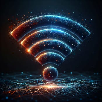 An abstract representation of a Wi-Fi signal made of glowing particles. A high-quality AI-generated photo.