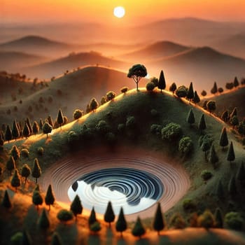 A miniature model of a landscape with a circular lake at sunset. A high-quality AI-generated photo.