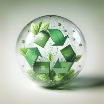 A recycling symbol surrounded by leaves inside a glass sphere. A high-quality AI-generated photo.