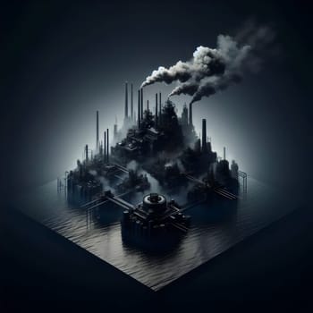 A dark, industrial factory complex on an island, emitting smoke into the air. A high-quality AI-generated photo.