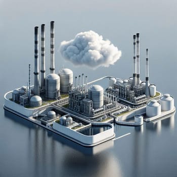 An isometric view of a nuclear power plant on an island. A high-quality AI-generated photo.