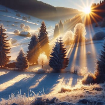 A snowy landscape at sunrise, with sun rays illuminating a rural scene. A high-quality AI-generated photo.