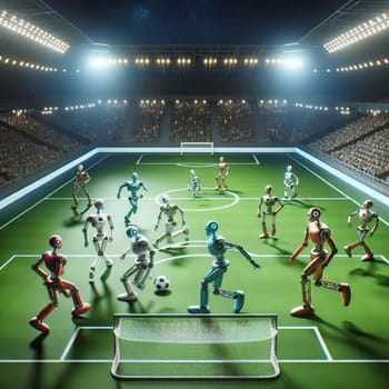 Robot soccer players competing in a stadium filled with spectators. A high-quality AI-generated photo.
