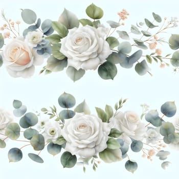 A seamless floral border design featuring white roses and eucalyptus leaves. A high-quality AI-generated photo.