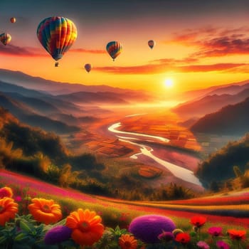 Hot air balloons flying over a colorful landscape at sunset. A high-quality AI-generated photo.