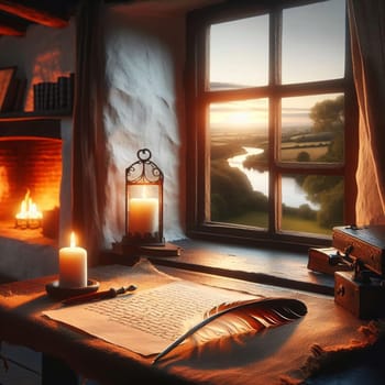 A cozy interior scene showing a quill pen resting on a handwritten letter on a wooden desk by a window with a sunset view. A high-quality AI-generated photo.