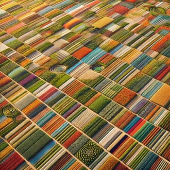 Aerial view of a patchwork of colorful agricultural fields. A high-quality AI-generated photo.