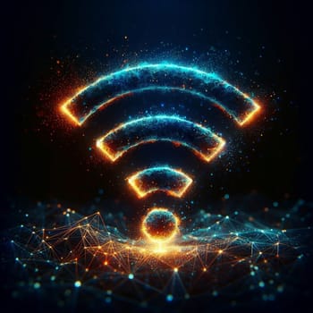 An abstract representation of a Wi-Fi signal composed of glowing particles. A high-quality AI-generated photo.