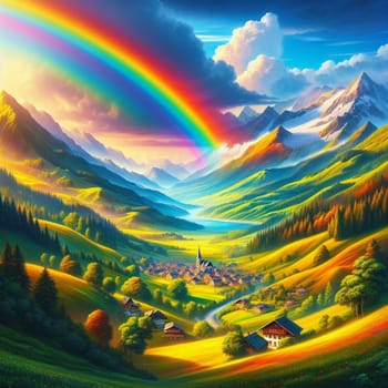 A picturesque village nestled in a valley with a rainbow arching over the mountains. A high-quality AI-generated photo.