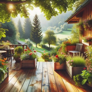 A wooden deck with flower boxes and a seating area overlooking a picturesque valley. A high-quality AI-generated photo.