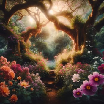 A whimsical path leading through a lush, vibrant forest filled with colorful flowers. A high-quality AI-generated photo.