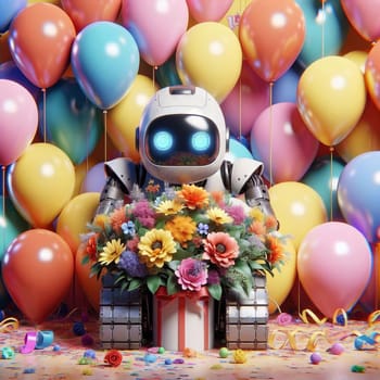 A cute robot holding a bouquet of flowers surrounded by colorful balloons. A high-quality AI-generated photo.