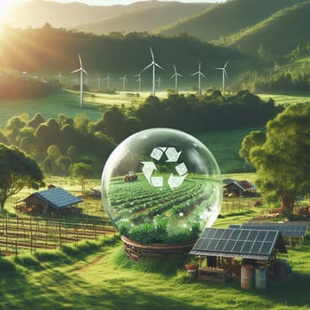 A glass sphere containing a recycling symbol sits in a field with wind turbines and solar panels. A high-quality AI-generated photo.
