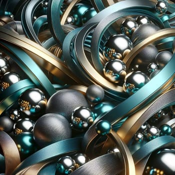 An abstract 3D rendering of swirling metallic teal and gold shapes and spheres. A high-quality AI-generated photo.