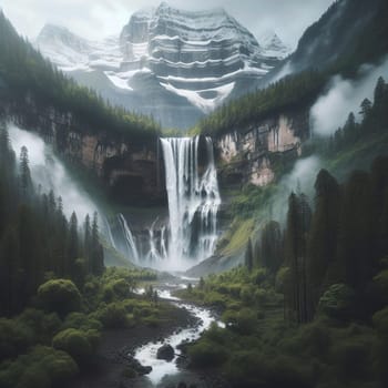 A majestic waterfall cascading down a mountainside, surrounded by lush green forests. A high-quality AI-generated photo.