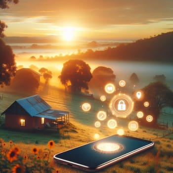 A smartphone displaying digital icons sits in a rural landscape at sunrise. A high-quality AI-generated photo.