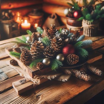 A rustic wooden table centerpiece featuring pine cones, evergreen branches, and Christmas ornaments. A high-quality AI-generated photo.