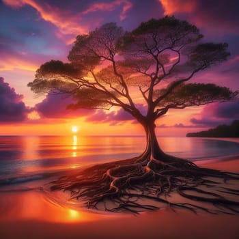 A lone tree with exposed roots on a beach at sunset. A high-quality AI-generated photo.