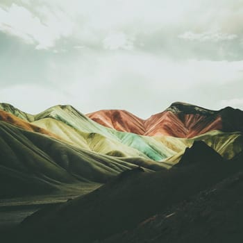 A colorful mountain range with vibrant hues of red, green, and teal. A high-quality AI-generated photo.