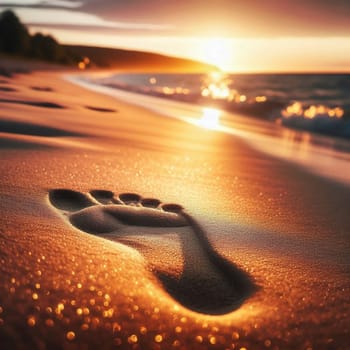 A footprint in the sand on a beach at sunset. A high-quality AI-generated photo.