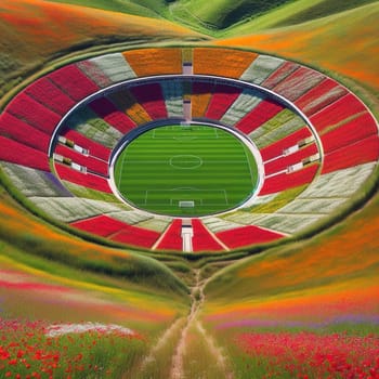 Aerial view of a circular soccer stadium composed of colorful flowers. A high-quality AI-generated photo.
