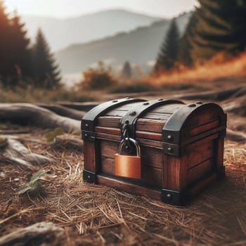 A locked wooden chest sits on the ground in a forest setting. A high-quality AI-generated photo.