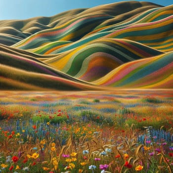 A landscape of colorful rolling hills covered in wildflowers. A high-quality AI-generated photo.