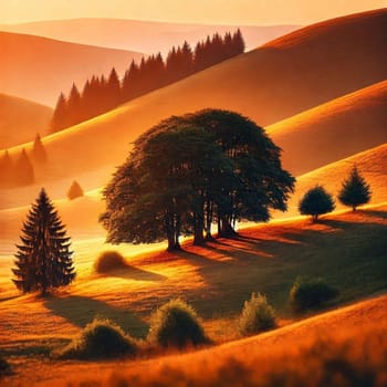 A cluster of trees on a hillside bathed in golden sunlight at sunrise. A high-quality AI-generated photo.