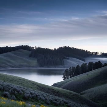 A serene lake nestled in a valley surrounded by rolling hills and a forest. A high-quality AI-generated photo.