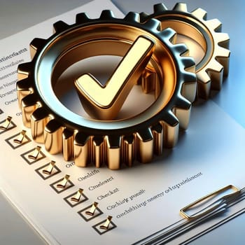 Gold gears and a check mark on a checklist, representing process completion and quality control. A high-quality AI-generated photo.