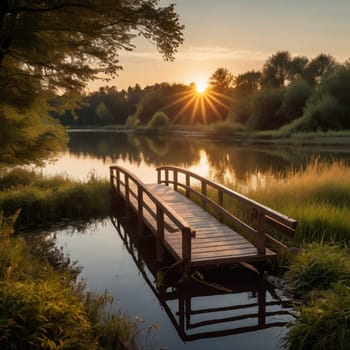 A wooden footbridge over a calm river at sunset. A high-quality AI-generated photo.