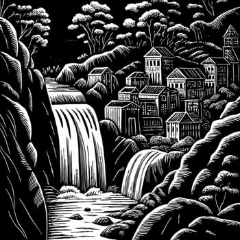 A black and white woodcut style illustration of a village by a waterfall. A high-quality AI-generated photo.