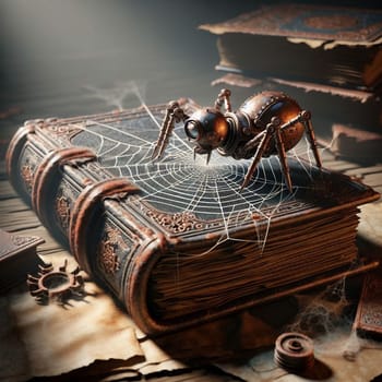 A steampunk spider on an antique book. A high-quality AI-generated photo.