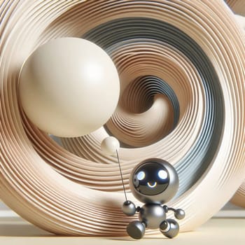 A cute robot holding a balloon in a swirling abstract background. A high-quality AI-generated photo.