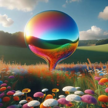A large iridescent sphere in a field of wildflowers. A high-quality AI-generated photo.