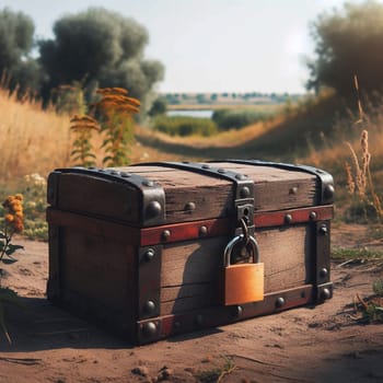A wooden chest with a padlock in a landscape setting. A high-quality AI-generated photo.