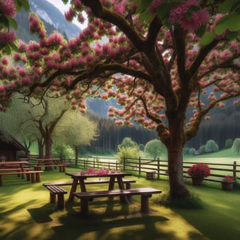 Wooden picnic tables under a blossoming tree in a tranquil mountain setting. A high-quality AI-generated photo.