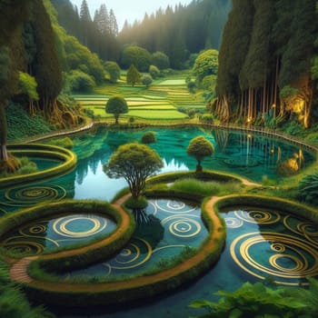 A fantasy-like landscape with circular ponds and lush greenery. A high-quality AI-generated photo.